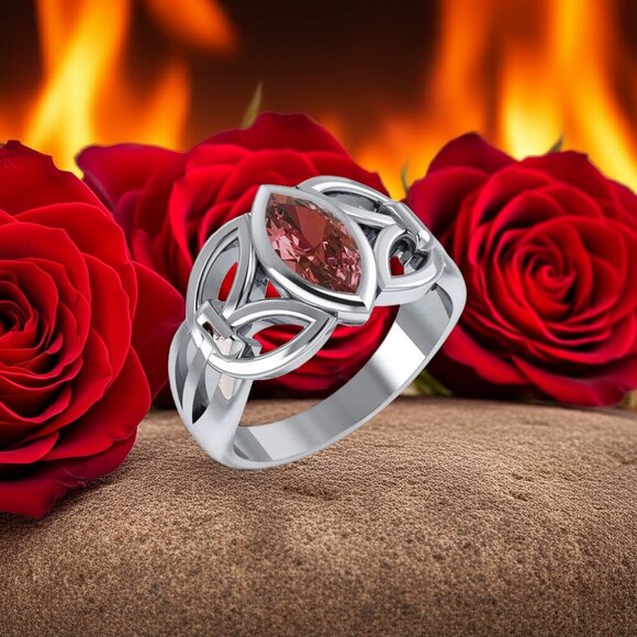 Celtic Knotwork Garnet Sterling Silver Ring, Size 7 - Picture 1 of 5
